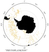 Map of ELTANIN plankton tows with gold dots indicating non-quantitative data.