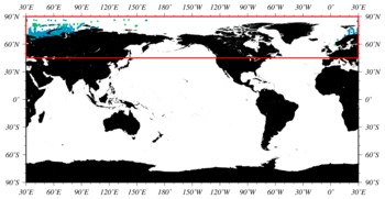 Graphic:  A world map showing a red box that outlines the geographic coverage of this data set.